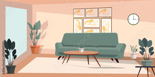 Modern Living Room Interior with Green Sofa and Minimalist Flat Design