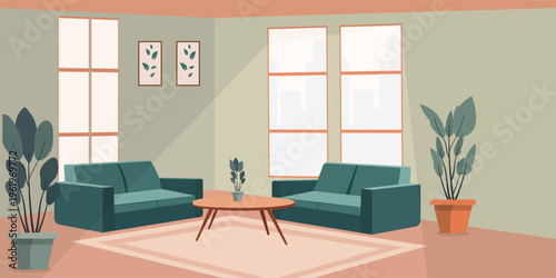 Modern Living Room Interior with Green Sofa and Minimalist Flat Design