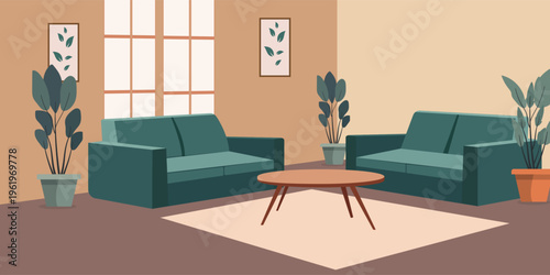 Modern Living Room Interior with Green Sofa and Minimalist Flat Design