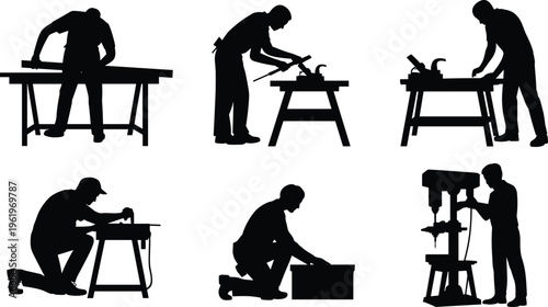 Woodworking silhouettes, carpentry tool use, manual craftsmanship illustration, sawing hammering drilling, workshop activity concept, industrial labor scene, artisan skill representation