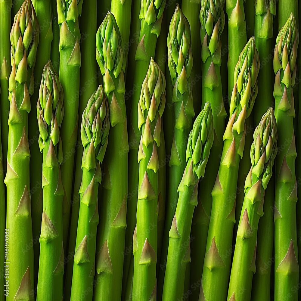 Fototapeta premium Vibrant Fresh Green Asparagus Spears Lying in Perfect Alignment, Showcasing Their Natural Textures