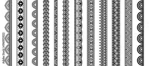 Lace vector set with edge trim line and band frill or mesh net loop curl. Fine craft style with bead dot ring arch for black white sheer veil. soft flat frame with knit stitch seam for cloth.