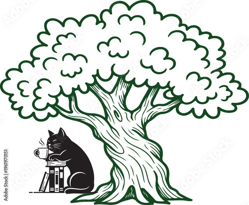 Cozy Black Cat Reading Books and Drinking Coffee Under a Large Tree Illustration for Apparel Design Featuring Relaxed and Whimsical Style
