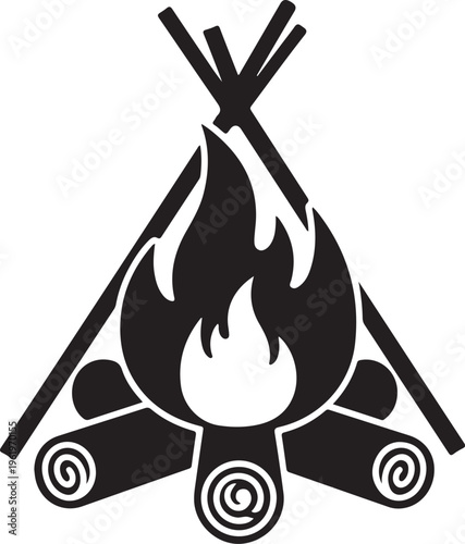 Black and white illustration of a campfire in a teepee  camping and outdoor activities