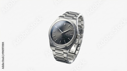 Luxury silver metal wristwatch with a chrome steel dial and black face isolated on a white background as a precise business accessory for men
