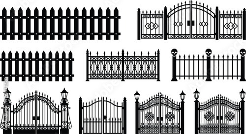 Fence silhouettes, gate icons, decorative barrier shapes, outdoor architecture, wooden fence design elements, wrought iron gates, property boundary art, flat vector illustration