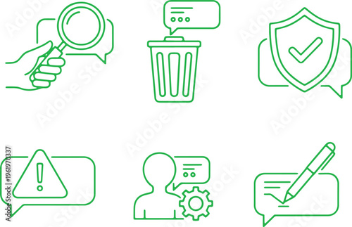 Six icons representing digital data management and user interaction concepts