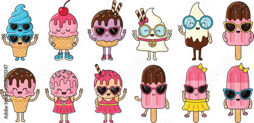 Cute ice cream characters set with sunglasses and funny expressions, colorful dessert mascots collection for summer design, kids illustration, stickers and playful vector art
