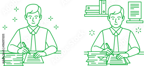 Two professionals engaged in focused paperwork and study activities in contrasting environments