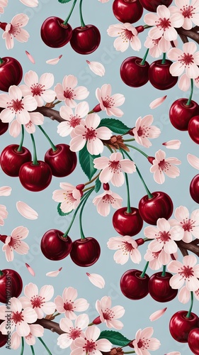 Cherry blossom and ripe cherries pattern illustration on a light blue background, featuring delicate pink flowers and vibrant red fruit