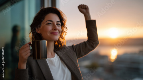 Solo businesswoman celebrates successful grant approval alone in minimalist studio apartment raising coffee mug toward spring sunrise streaming through window, ideal for entreprene