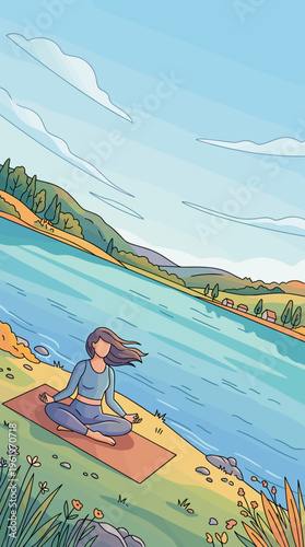 Young woman sitting in lotus position by a serene lake  