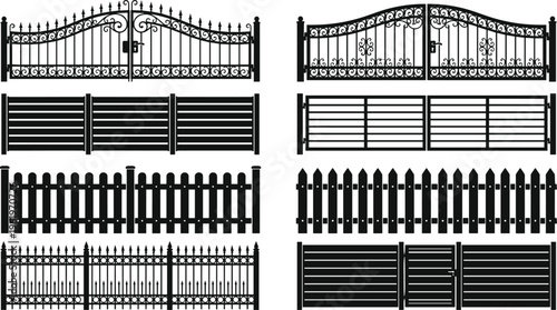 Fence silhouettes, gate icons, decorative barrier shapes, outdoor architecture, wrought iron gates, wooden fence design elements, property boundary art, flat vector illustration