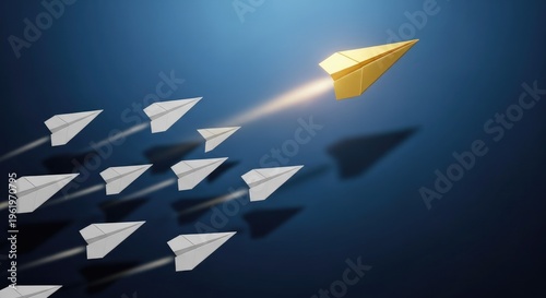 Golden paper airplane leading other paper airplanes on blue background