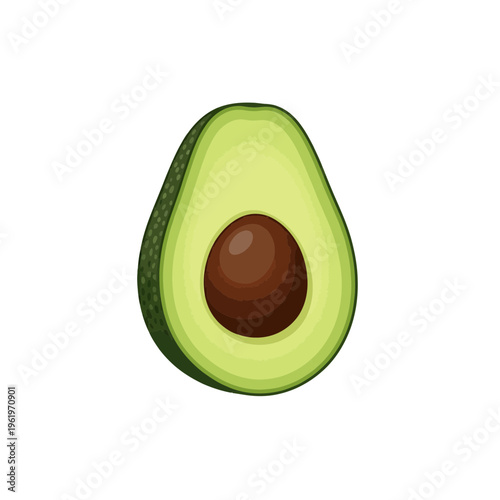 A vibrant green avocado cut in half, showcasing its creamy flesh and large brown pit on a white background.