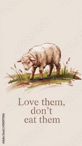 Illustration of a sheep standing on grass with a message promoting animal welfare, emphasizing compassion towards animals in a gentle design