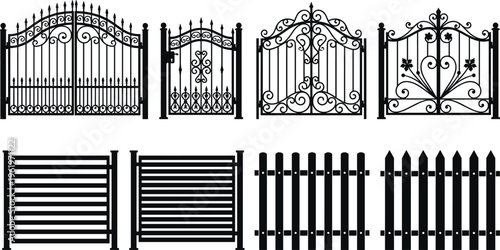 Fence silhouettes, gate icons, decorative barrier shapes, outdoor architecture, wrought iron gates, wooden fence design elements, property boundary art, flat vector illustration