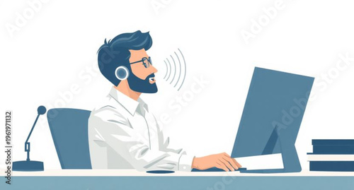 A handsome executive and smiling businesswoman sit at an office desk working on laptop computers and notebooks using modern technology for professional internet communication