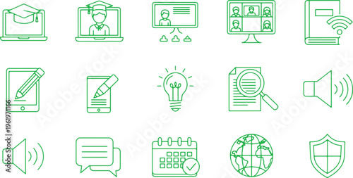 Icons representing various aspects of modern online education and communication tools