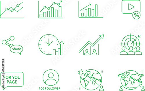Icons representing social media analytics and user engagement metrics