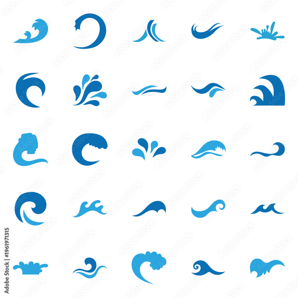 Fototapeta premium Water waves icon. Set of stylized wave and water splash icons representing ocean motion, fluid shapes, and decorative design elements.