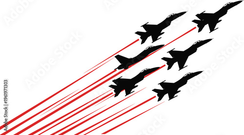 Fighter jet formation illustration, military aviation design, air show graphic, precision flight concept, power and coordination symbol, flat vector silhouette