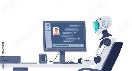 A futuristic 3d android cyborg sits at a metal laptop with a glowing computer screen symbol representing robotic science and modern business technology
