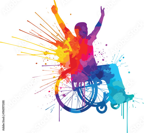 Colorful wheelchair empowerment illustration, triumphant person with raised arms in vibrant paint splash design - inclusive vector graphic