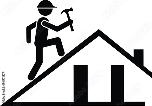 Construction worker on roof silhouette, home improvement and roofing service icon with hard hat and hammer - flat vector illustration