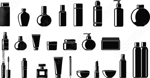 Cosmetic packaging silhouette illustration set, beauty product icons with bottles, jars, tubes and makeup containers representing personal care theme - flat vector illustration