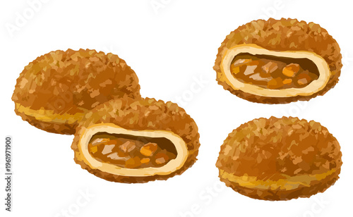 カレーパンのイラストセット 丸ごとのパンと中身が見える断面 具材のカレー 厚塗り手描き