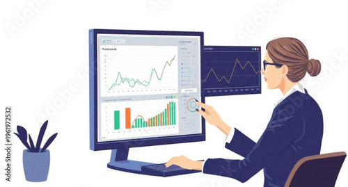 A successful businesswoman analyzes financial growth charts and market diagrams on her laptop screen while working in a modern office technology environment