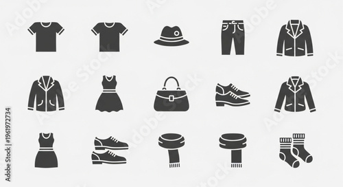 Collection of Clothing and Accessories Icons in Silhouette Style.