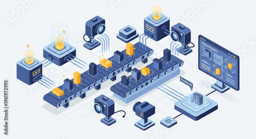 Isometric Illustration of Automated Production Line with Sensors and Monitoring.