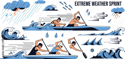 Extreme Weather Sprint Kayaking Set with Athletes Paddling in Storm Waves Outdoor Sport Vector Illustration
