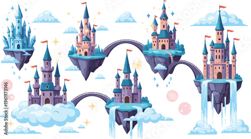 Fantasy Floating Castles Set with Magic Islands, Bridges and Sky Clouds Fairy Tale Vector Illustration