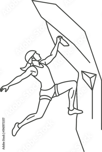 A dynamic line illustration depicts a determined climber reaching for a new hold on a challenging rock face, symbolizing strength, perseverance, and the thrilling spirit of outdoor adventure.