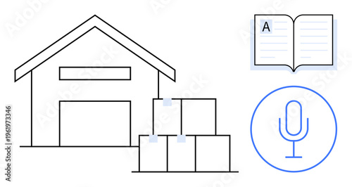 Logistics, inventory management, education, communication, e-commerce, storage solutions. A warehouse with boxes, open book and microphone icon. Logistics and inventory management concepts