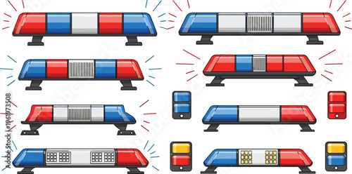 Police Emergency Light Bars Set with Flashing Siren Lights Red and Blue Warning Signals Vector Illustration