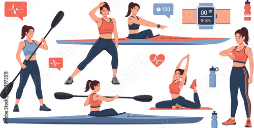 Stand Up Paddle Workout Set with Woman Training, Stretching and Fitness Activities Outdoor Water Sport Vector Illustration