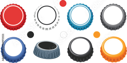 Bottle Cap Set with Metal and Plastic Caps Top and Side Views Beverage Packaging Elements Vector Illustration