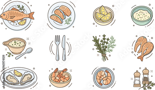 Seafood Line Icon Collection with Fish Shrimp Oysters Lemon Herbs and Utensils in Hand Drawn Style for Menu, App, and Food Design Use
