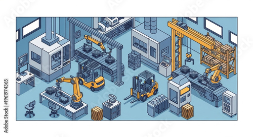 Isometric View of a Modern Manufacturing Plant with Automated Machinery.