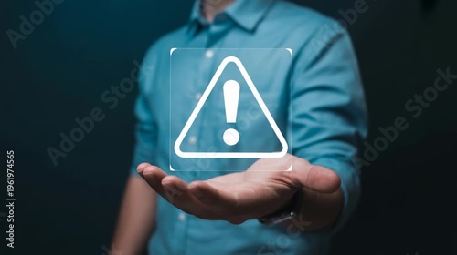 Hand presenting bug fixing hologram with warning symbol 4K 