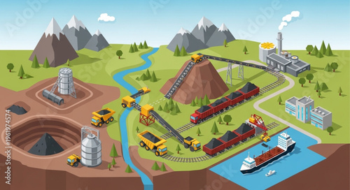 Comprehensive Illustration of Mining Operations and Industrial Processes.