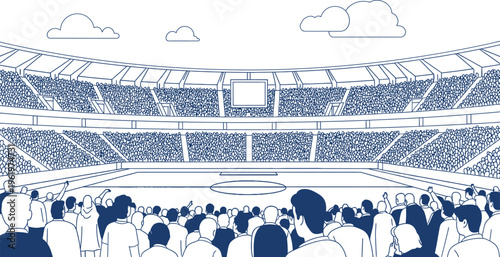 A massive, detailed illustration showcases a packed sports stadium filled with a cheering crowd, eagerly anticipating or reacting to a thrilling event unfolding on the vibrant green playing field.