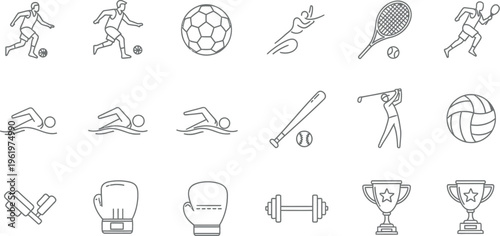 A comprehensive collection of modern line art icons representing various athletic activities, competitive games, and fitness equipment, perfect for digital design projects and user interfaces.