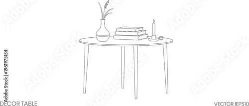 Stylized minimalist line art illustration of a charming round side table, elegantly arranged with stacked books, a delicate vase holding lavender, and a flickering candle.