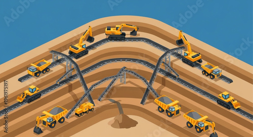 Isometric Mining Operation - Excavators and Dump Trucks at Work.