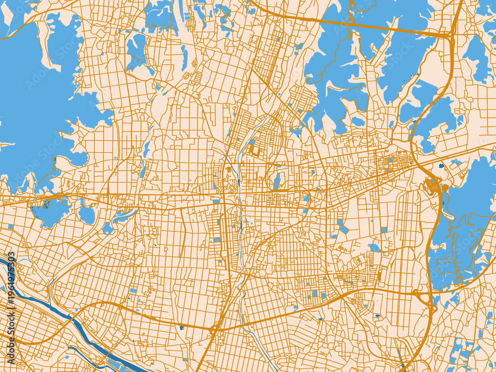 Fototapeta premium Urban map poster of Sano, Japan – golden linework with blue water
